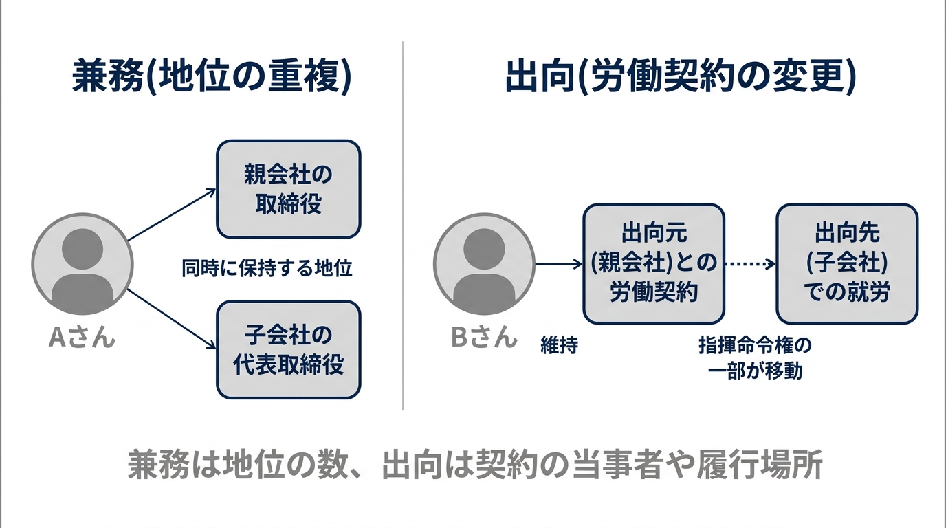 兼務と出向の違いを示した図。兼務は同一人物が複数法人の役員という地位を同時に持つ「地位の重複」であるのに対し、出向は労働契約の当事者または履行場所が変わる「労働契約上の変更」であることを、2つの軸として対比している。