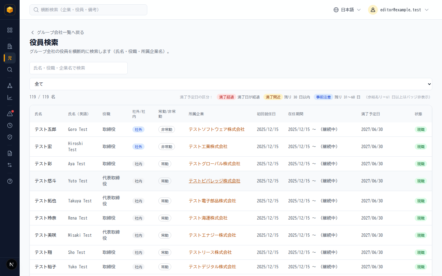 役員検索（ダミーデータ）。グループ全社の役員を氏名・役職・所属企業で横断的に検索できます。